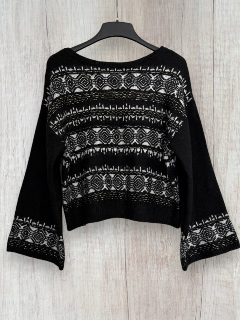 Sam Edelman Benton Fair Isle Sweater XL Black White Gold Cropped Bell Sleeve